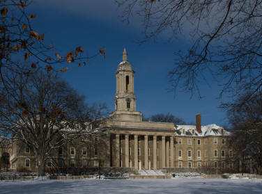 Penn State Old Main winter with snow